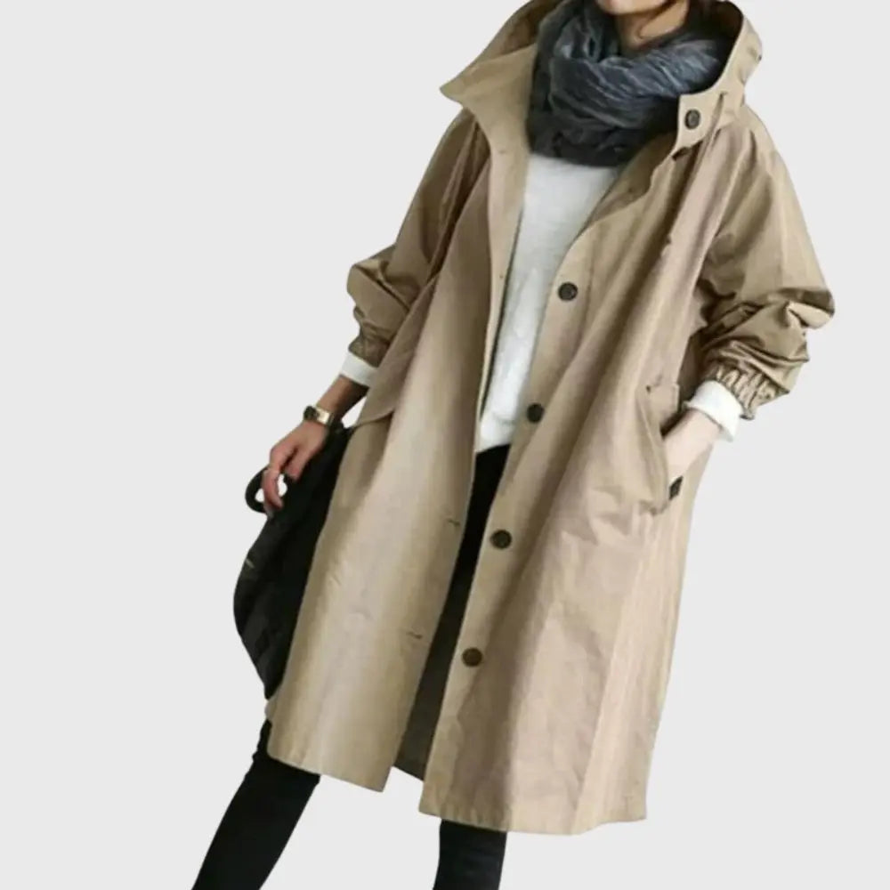 Gwendolyn | Lange damestrenchcoat met capuchon en ceintuur