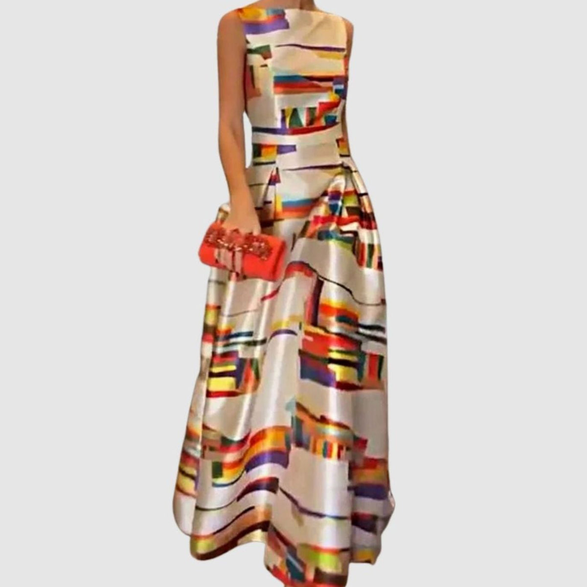 Ursula | Mouwloze maxi-jurk van satijn met abstracte print en A-lijn