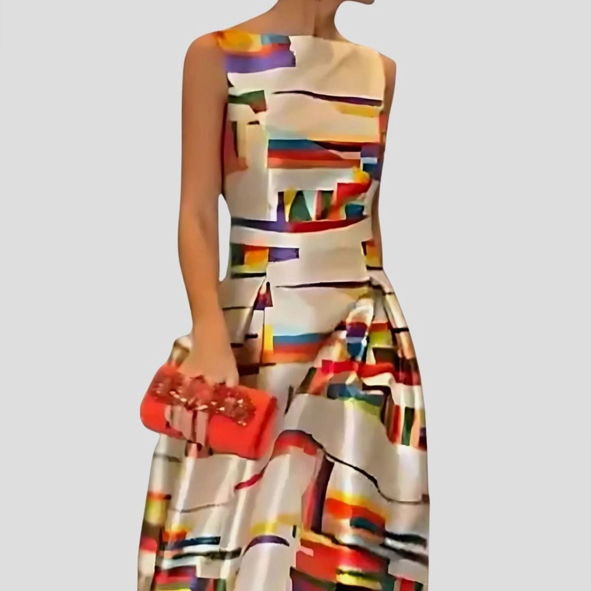 Ursula | Mouwloze maxi-jurk van satijn met abstracte print en A-lijn