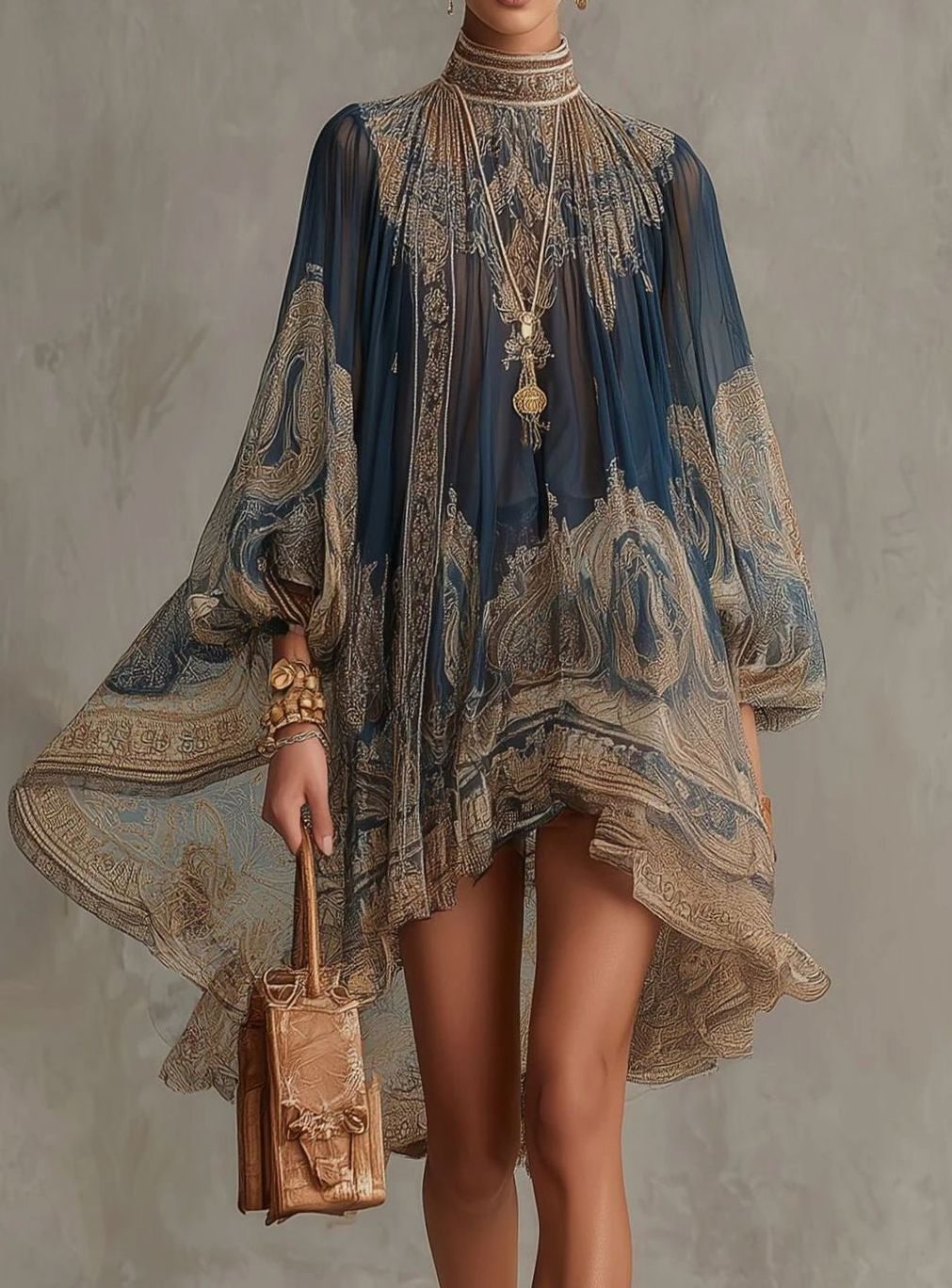 Anne | Chiffon jurk met barokprint en asymmetrische zoom