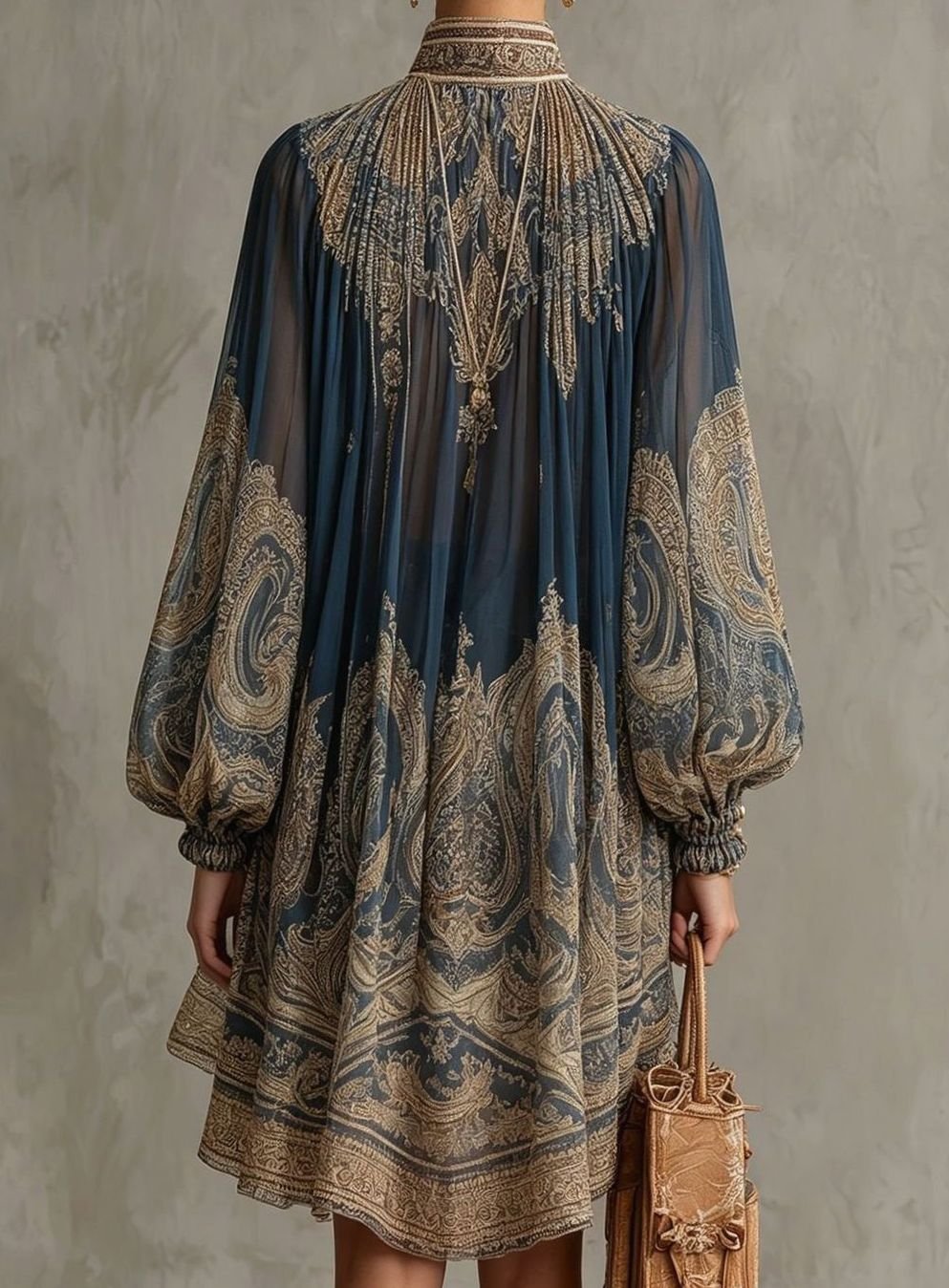 Anne | Chiffon jurk met barokprint en asymmetrische zoom
