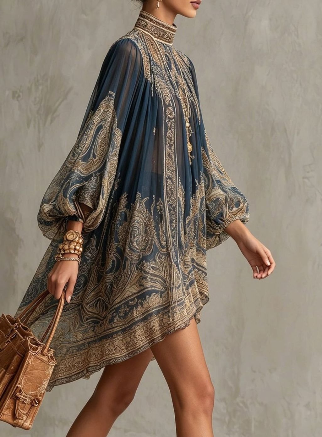Anne | Chiffon jurk met barokprint en asymmetrische zoom