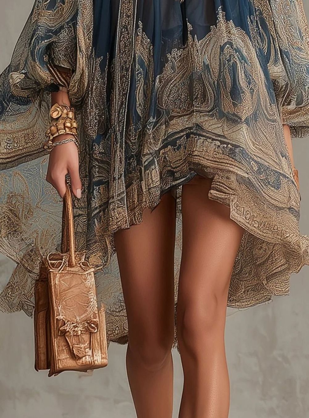 Anne | Chiffon jurk met barokprint en asymmetrische zoom