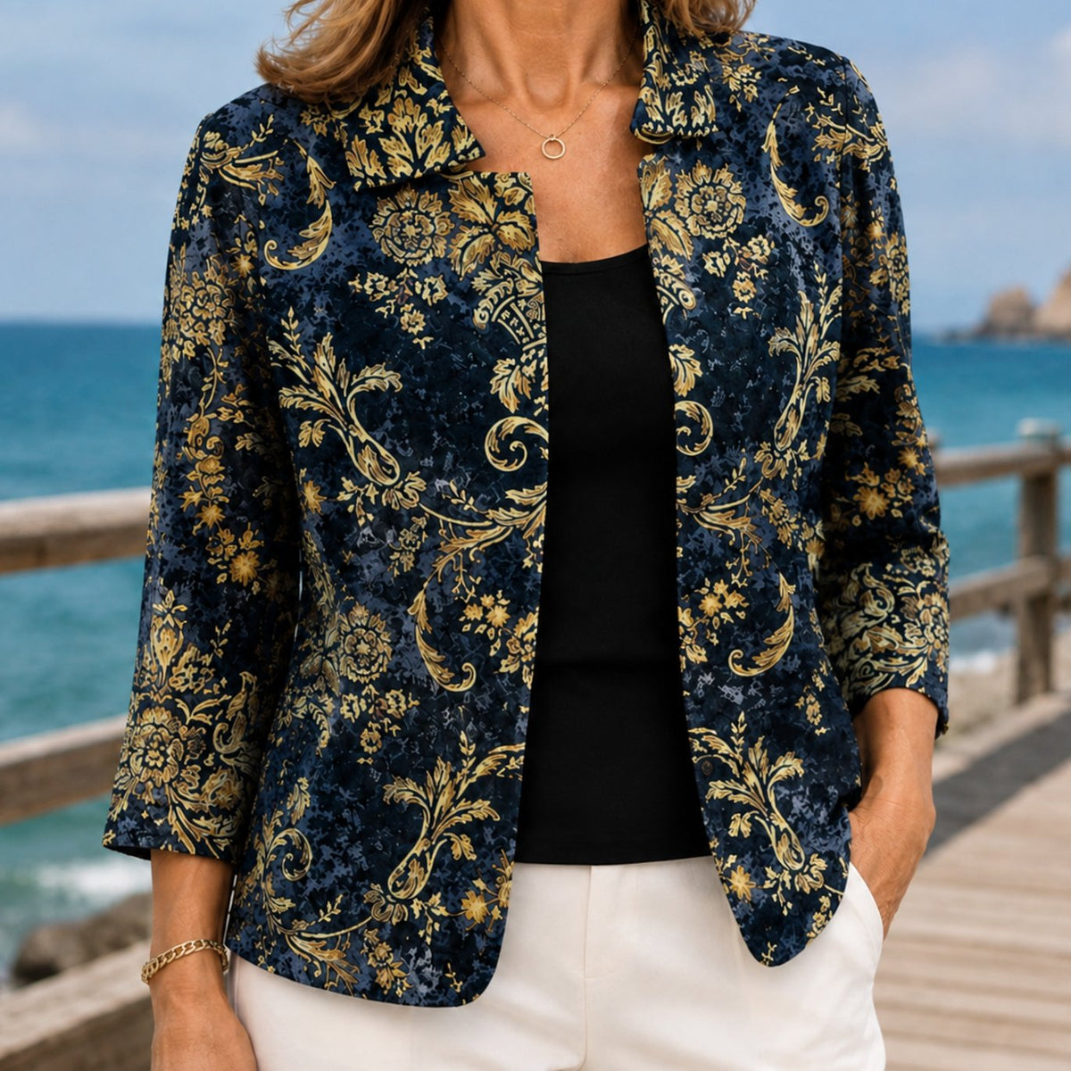 Moira | Open damesblazer met barokke bloemenprint en driekwartmouwen