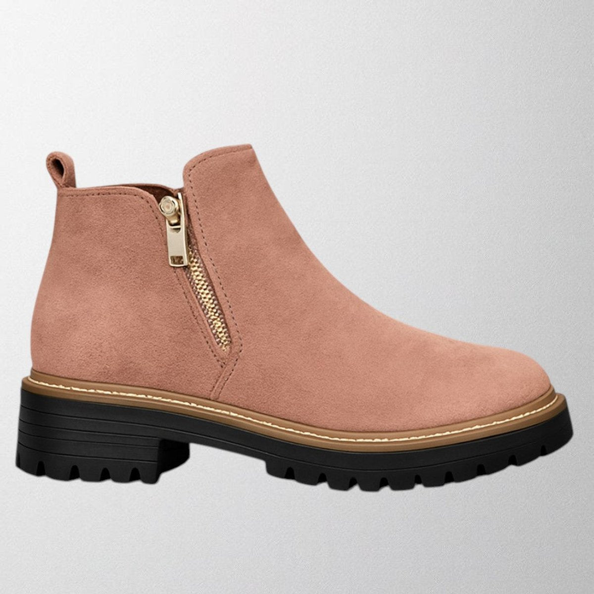 Damesenkellaarzen van suède met goudkleurige zijrits en grove profielzool