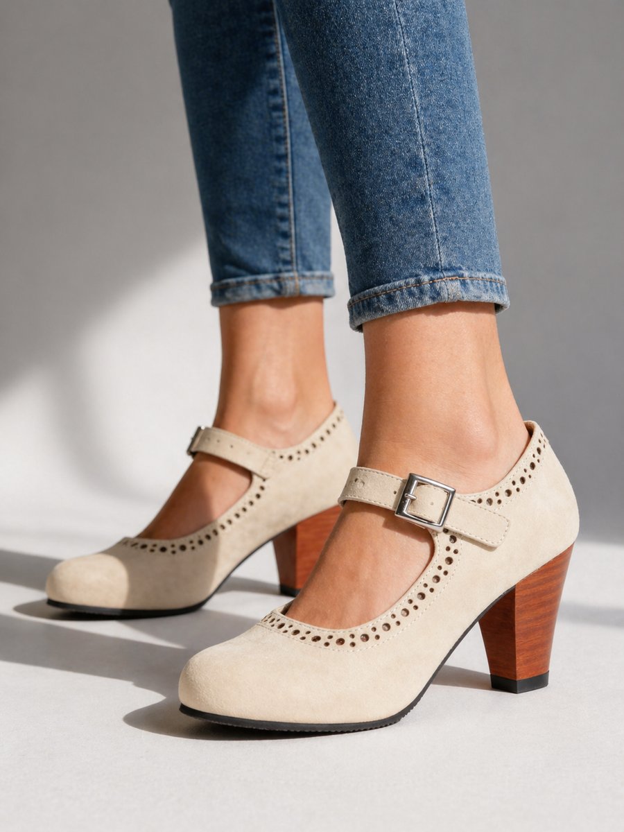 Mary-janes voor dames met blokhak, brogue-details en gespbandje