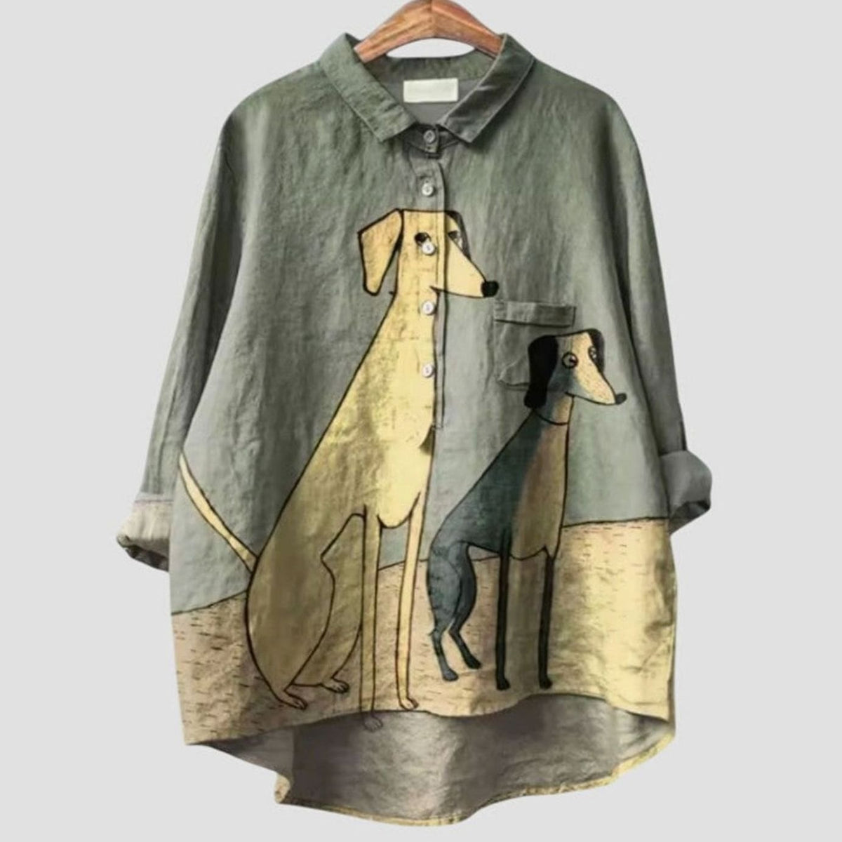 Kylie | Linnen damesblouse met hondenprint en driekwartmouwen