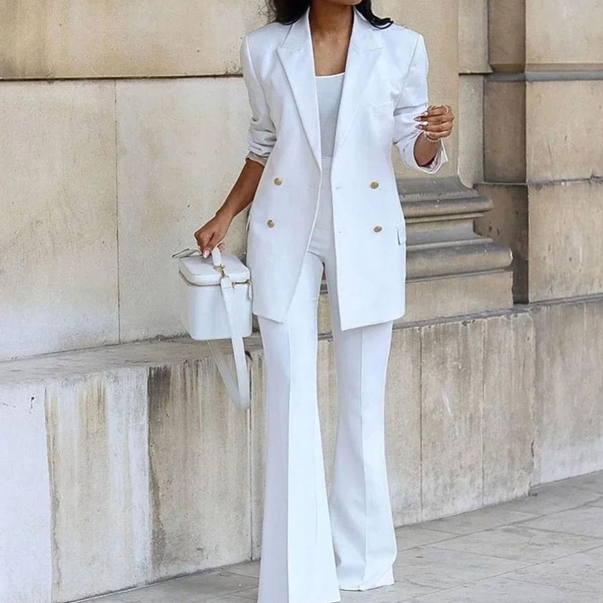 Geertje | Tweedelig damespak met double-breasted blazer en flared broek