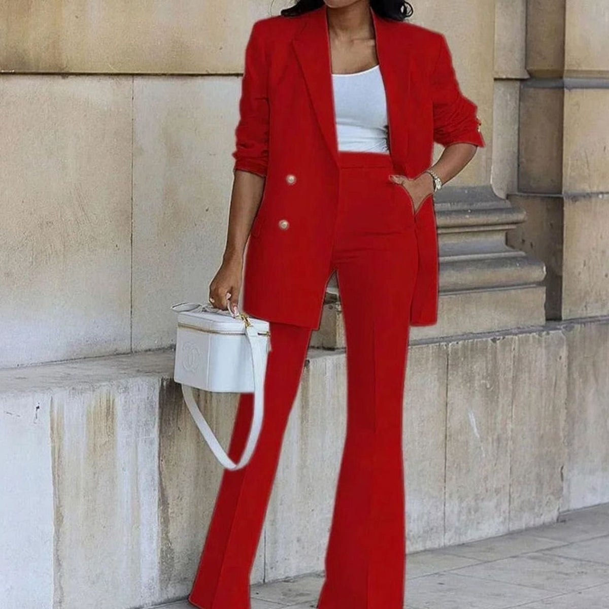 Geertje | Tweedelig damespak met double-breasted blazer en flared broek