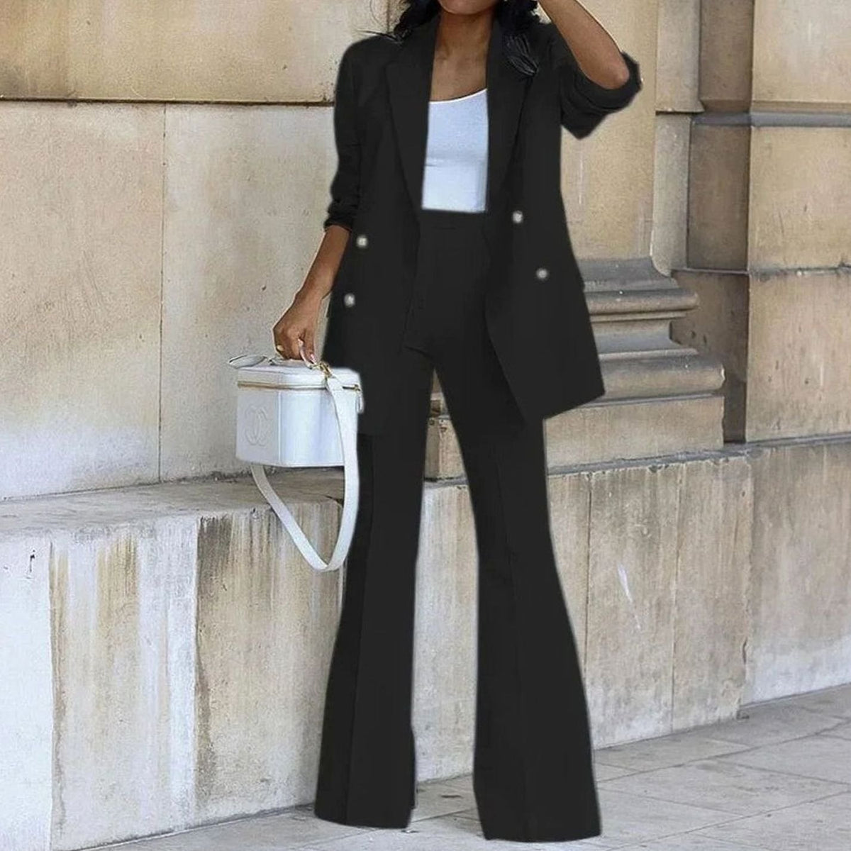 Geertje | Tweedelig damespak met double-breasted blazer en flared broek