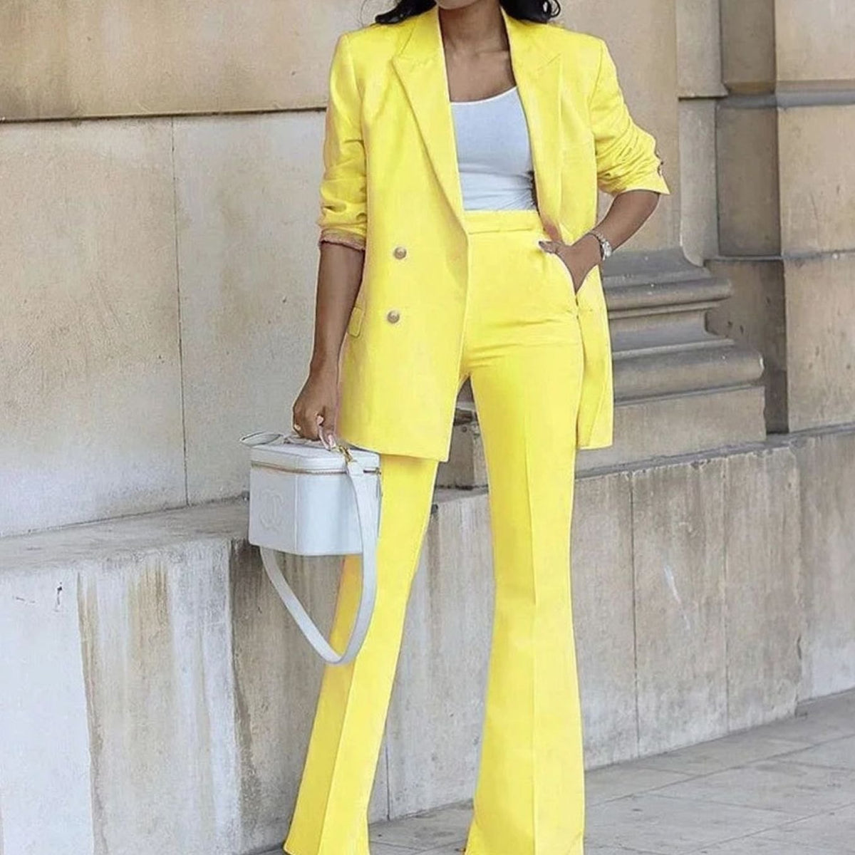 Geertje | Tweedelig damespak met double-breasted blazer en flared broek
