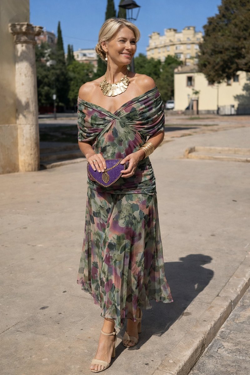 Anneloes | Chiffon maxi-jurk met V-hals en vlindermouwen