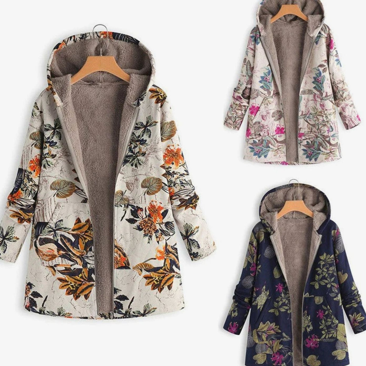 Pien | Winterparka met bloemenprint, fleecevoering en capuchon