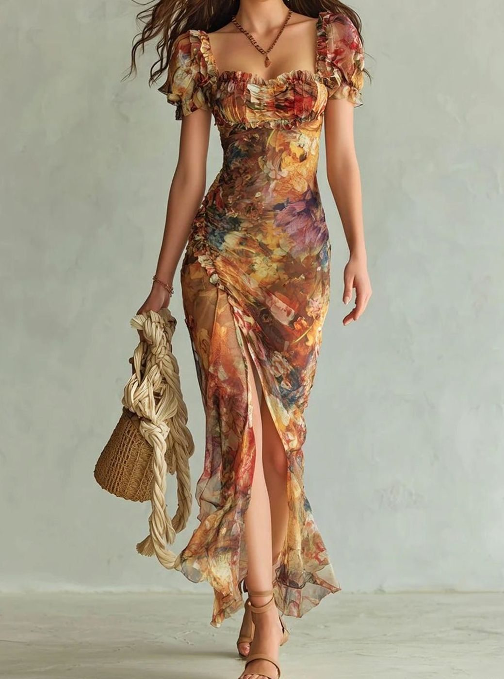 Charlie | Chiffon maxi-jurk met bloemenprint en hartvormige hals