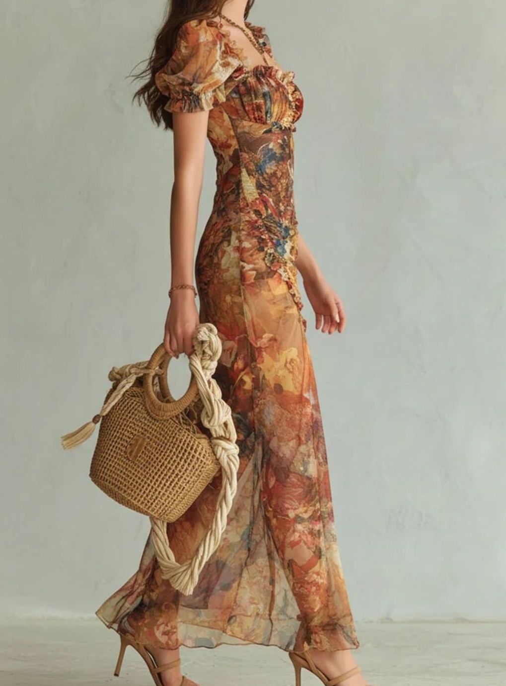 Charlie | Chiffon maxi-jurk met bloemenprint en hartvormige hals