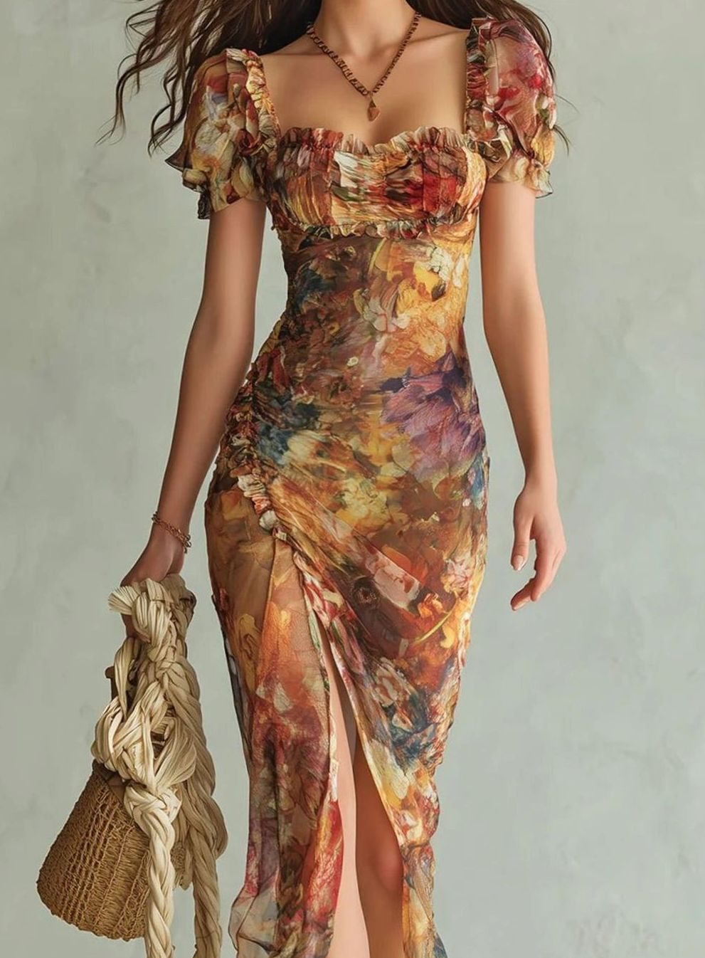 Charlie | Chiffon maxi-jurk met bloemenprint en hartvormige hals