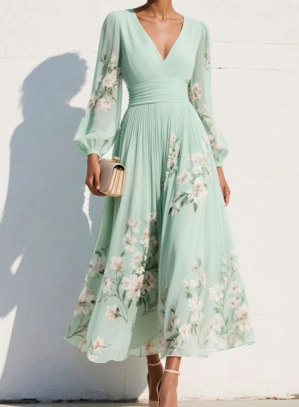 Tessa | Midi-jurk van chiffon met bloemenprint, V-hals en ballonmouwen