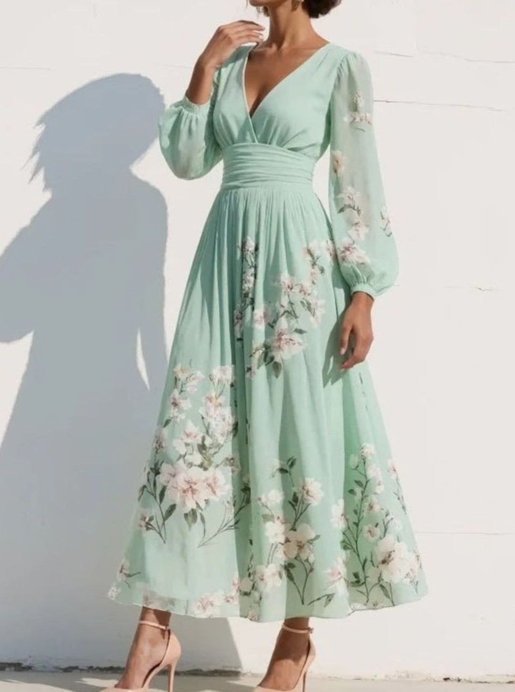 Tessa | Midi-jurk van chiffon met bloemenprint, V-hals en ballonmouwen