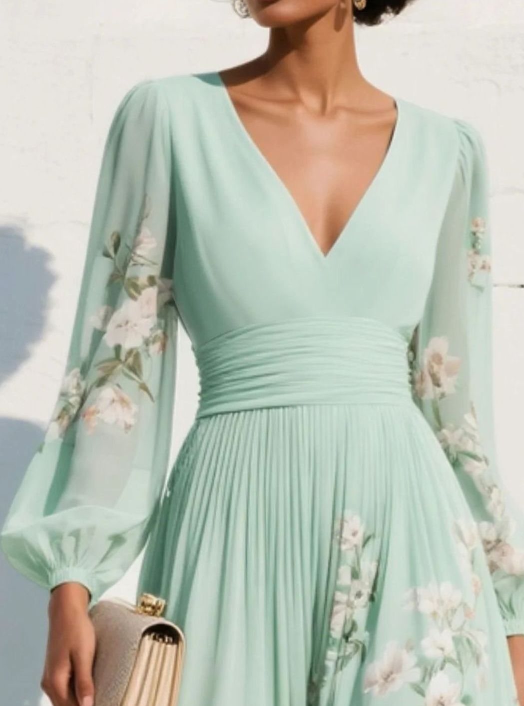 Tessa | Midi-jurk van chiffon met bloemenprint, V-hals en ballonmouwen