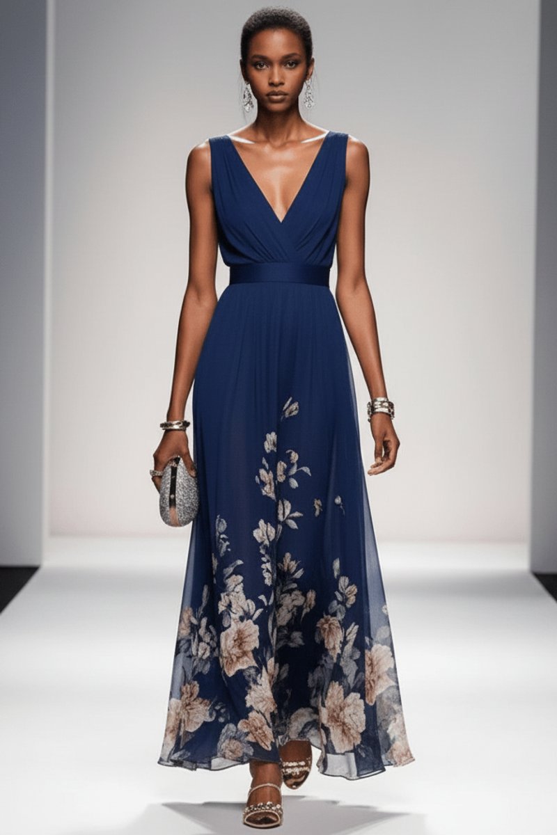 Belle | Chiffon maxi-jurk met bloemenprint en V-hals