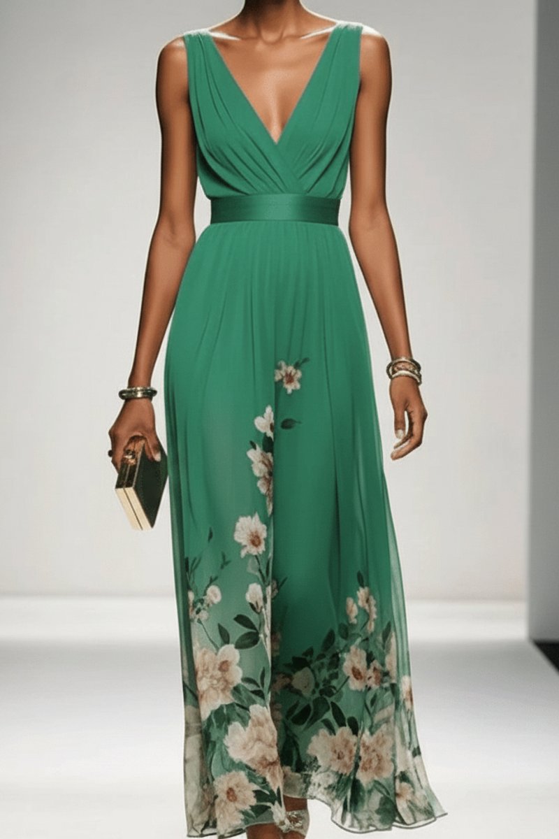 Belle | Chiffon maxi-jurk met bloemenprint en V-hals