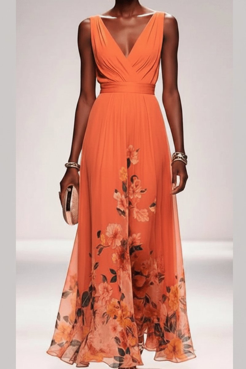 Belle | Chiffon maxi-jurk met bloemenprint en V-hals