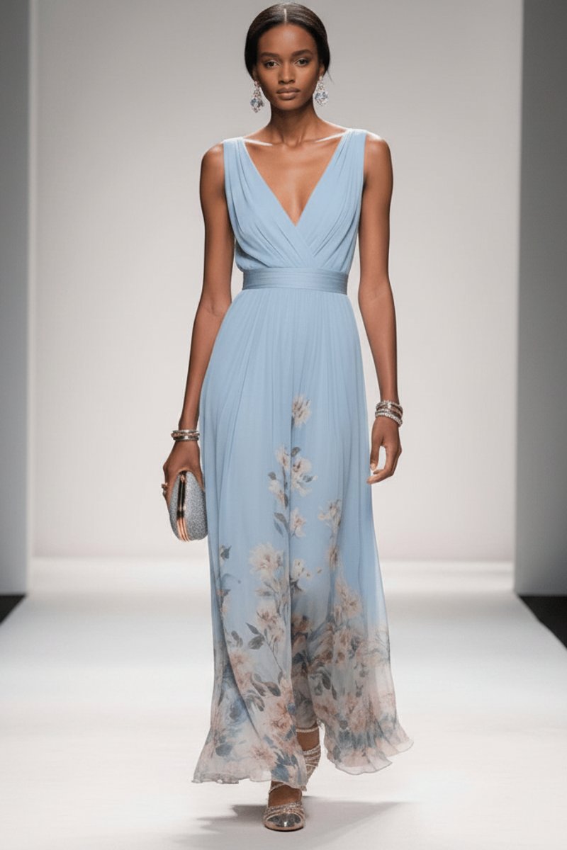 Belle | Chiffon maxi-jurk met bloemenprint en V-hals