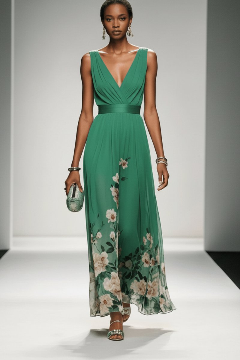 Belle | Chiffon maxi-jurk met bloemenprint en V-hals