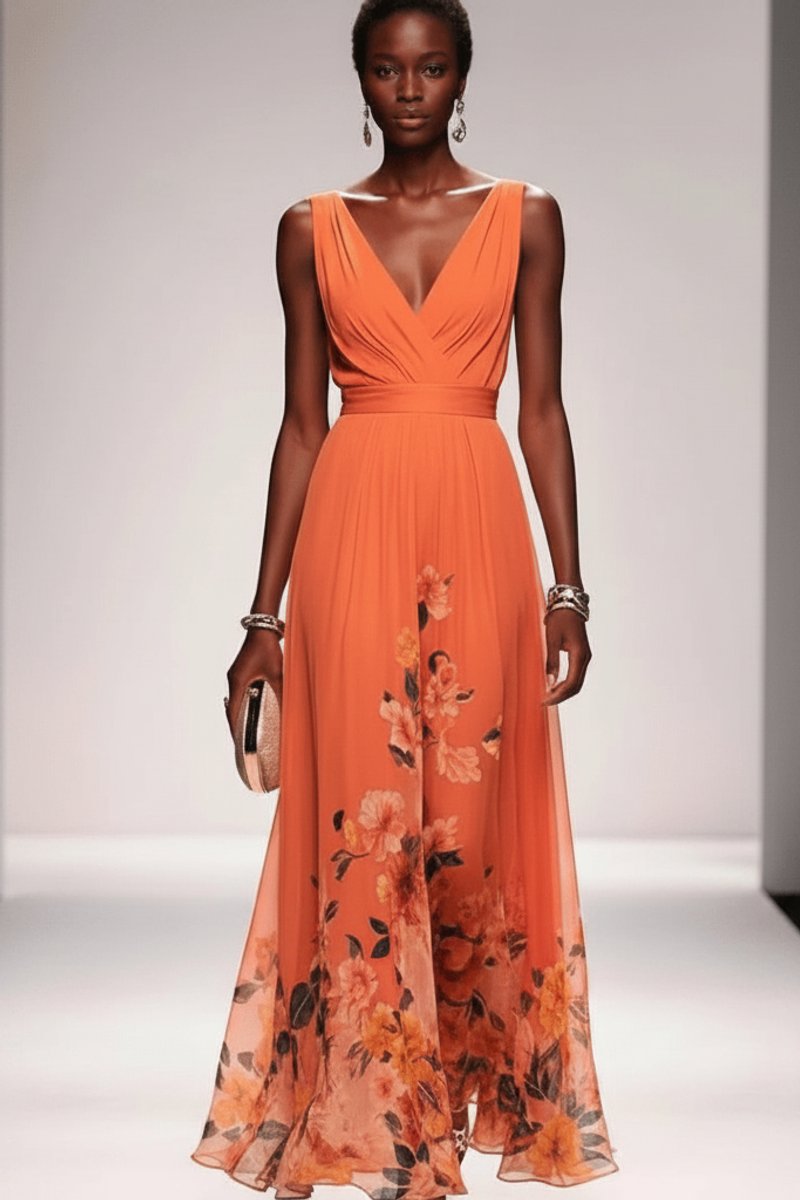 Belle | Chiffon maxi-jurk met bloemenprint en V-hals