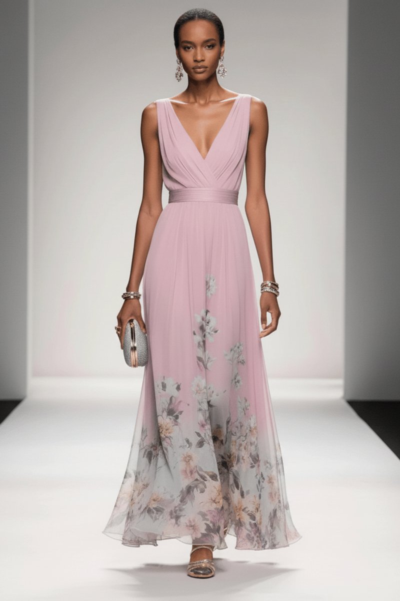 Belle | Chiffon maxi-jurk met bloemenprint en V-hals