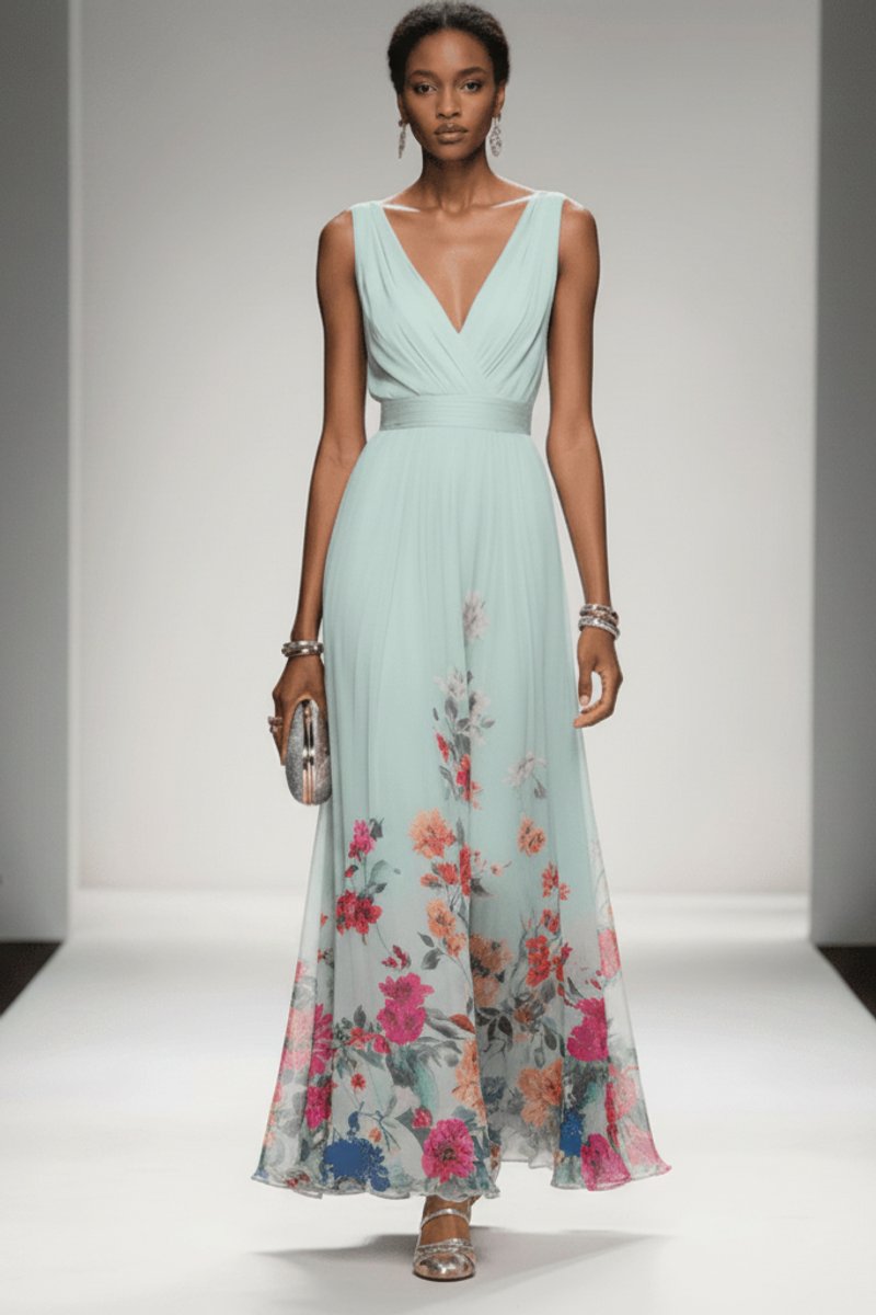 Belle | Chiffon maxi-jurk met bloemenprint en V-hals