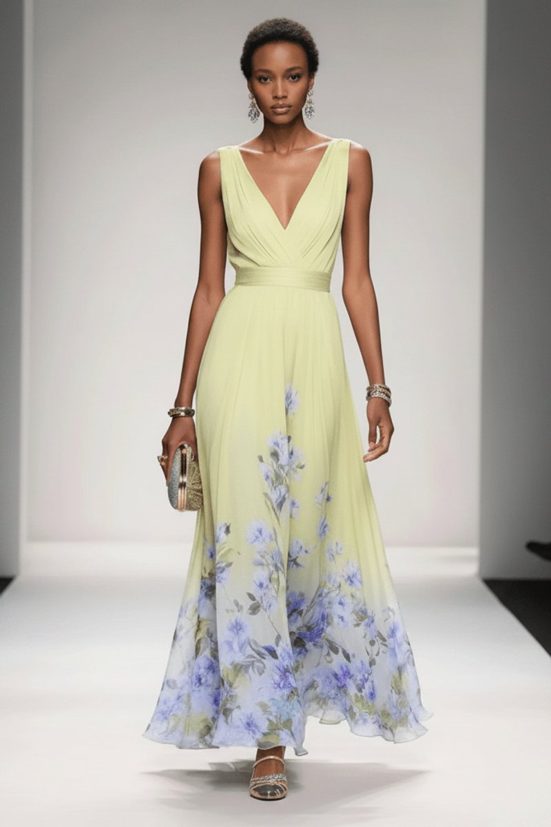 Belle | Chiffon maxi-jurk met bloemenprint en V-hals