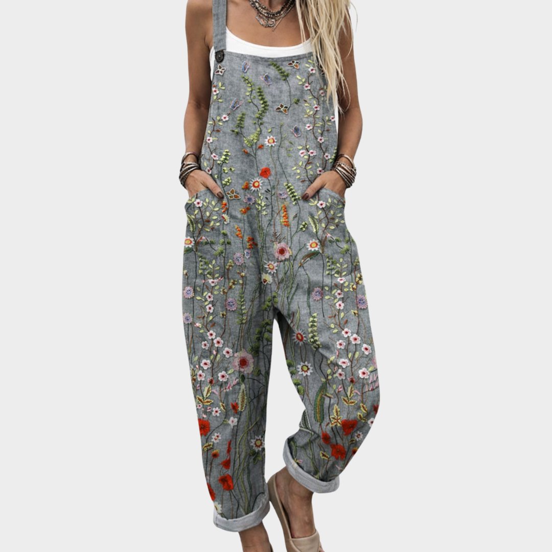 Jessica | Linnenmix tuinbroek met bloemenprint