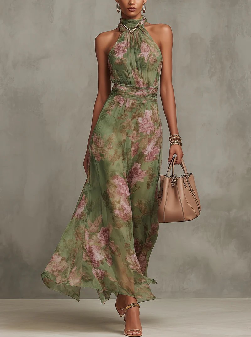 Rochelle | Chiffonmaxijurk met bloemenprint en halterhals