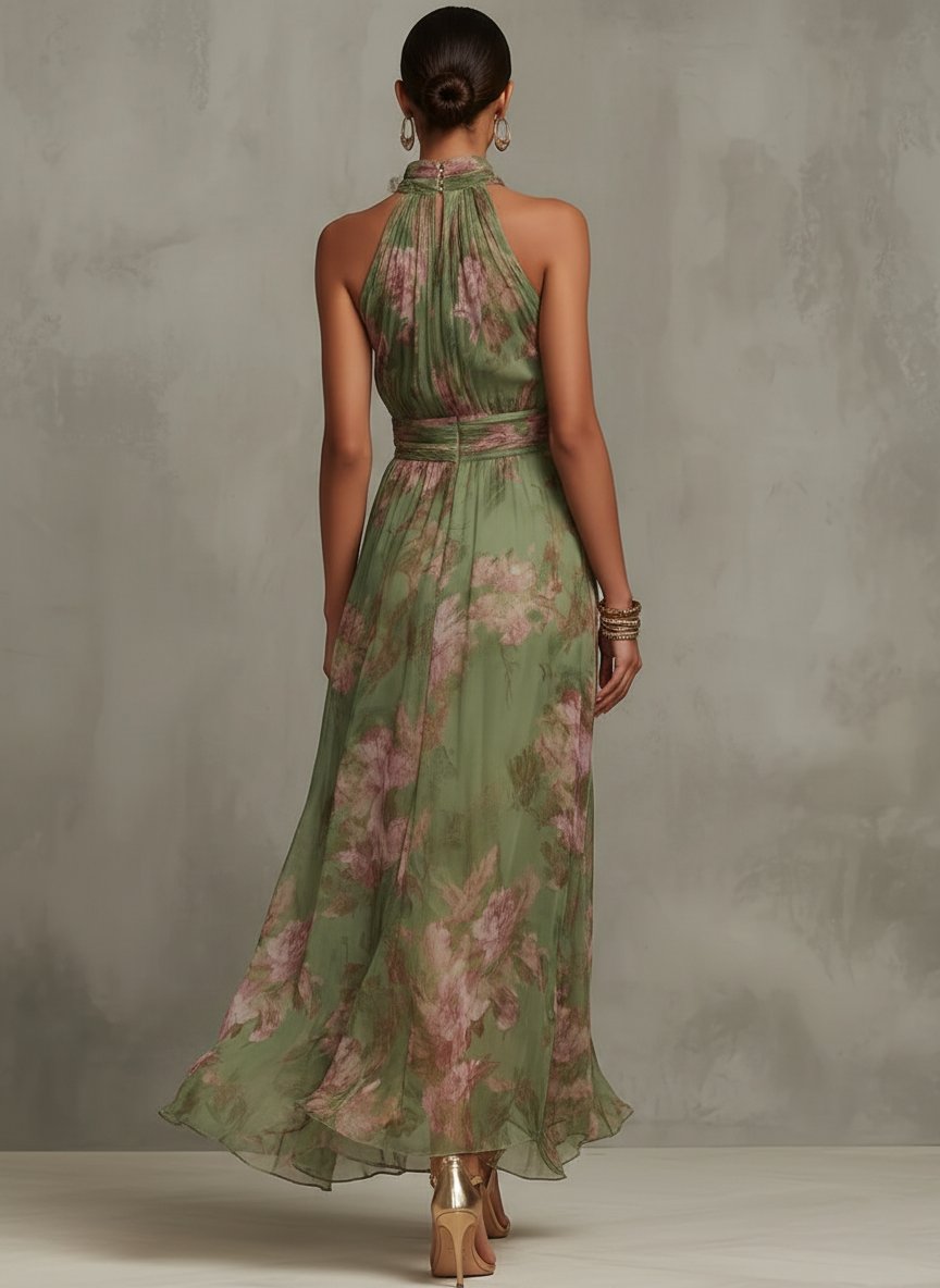 Rochelle | Chiffonmaxijurk met bloemenprint en halterhals