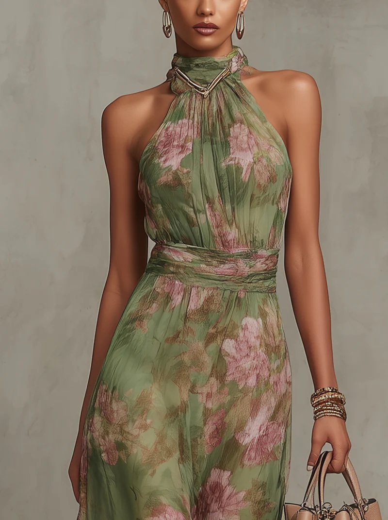 Rochelle | Chiffonmaxijurk met bloemenprint en halterhals