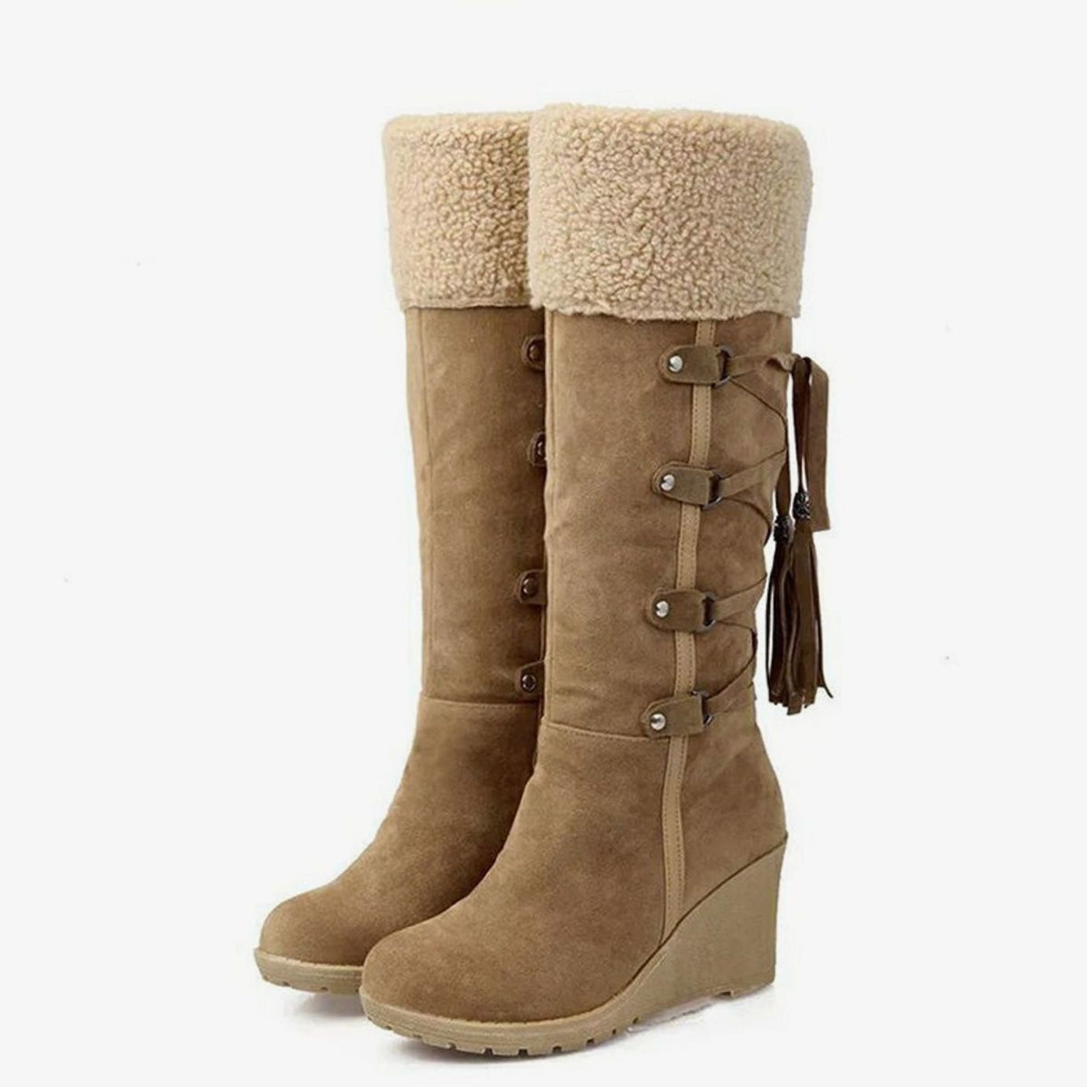 Dames kniehoge winterlaarzen met sleehak, bontboord en kwastjes