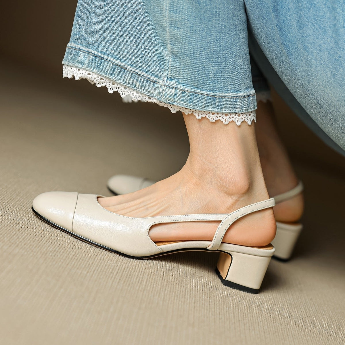 Leren damespumps met slingback en blokhak