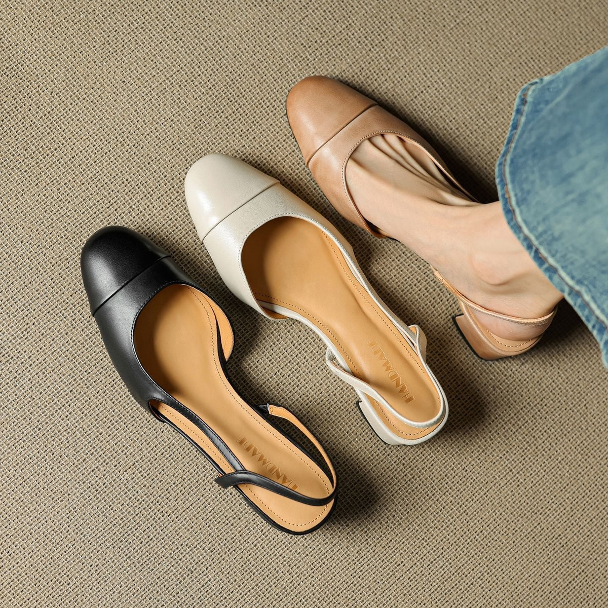 Leren damespumps met slingback en blokhak
