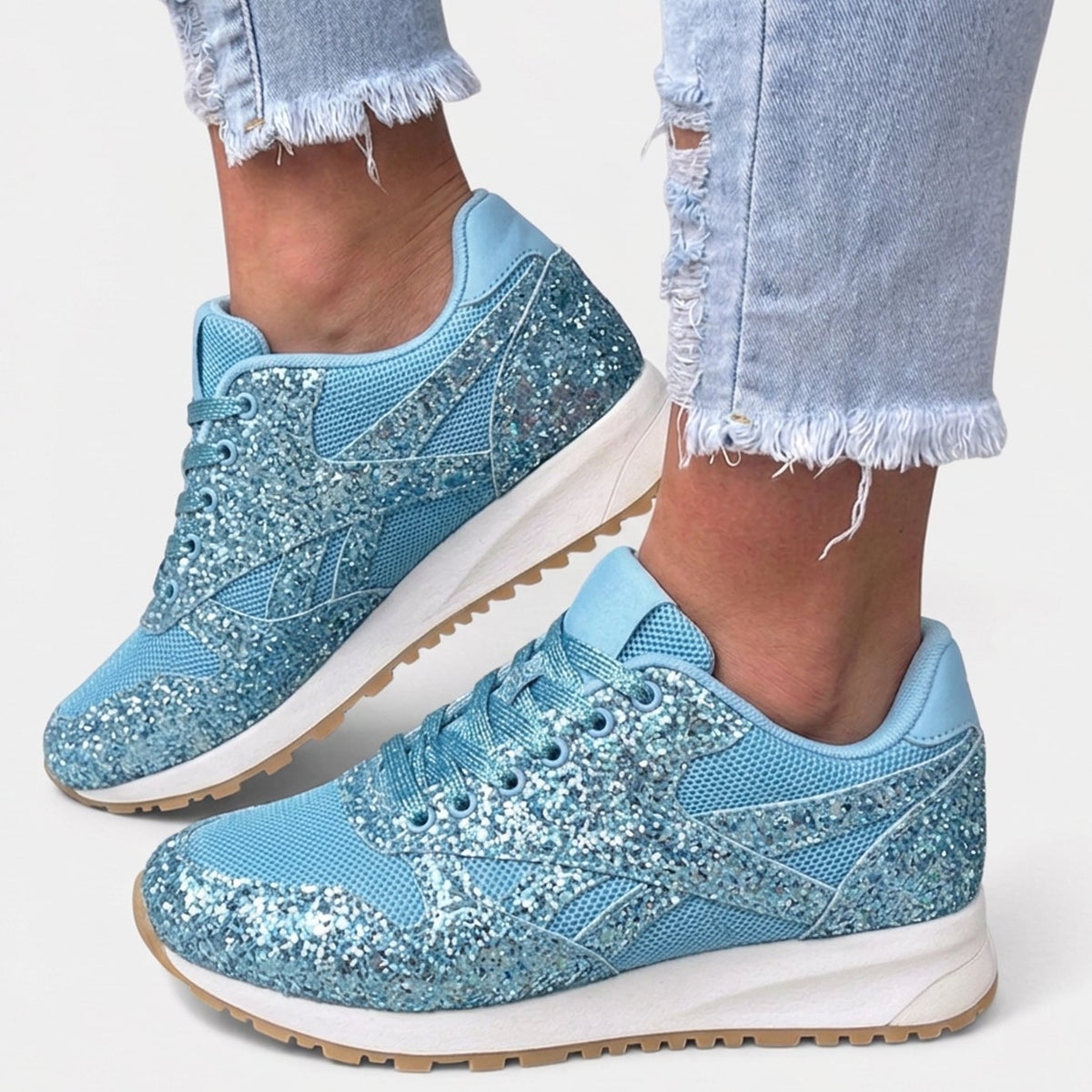 Damessneakers met glitterpanelen en mesh