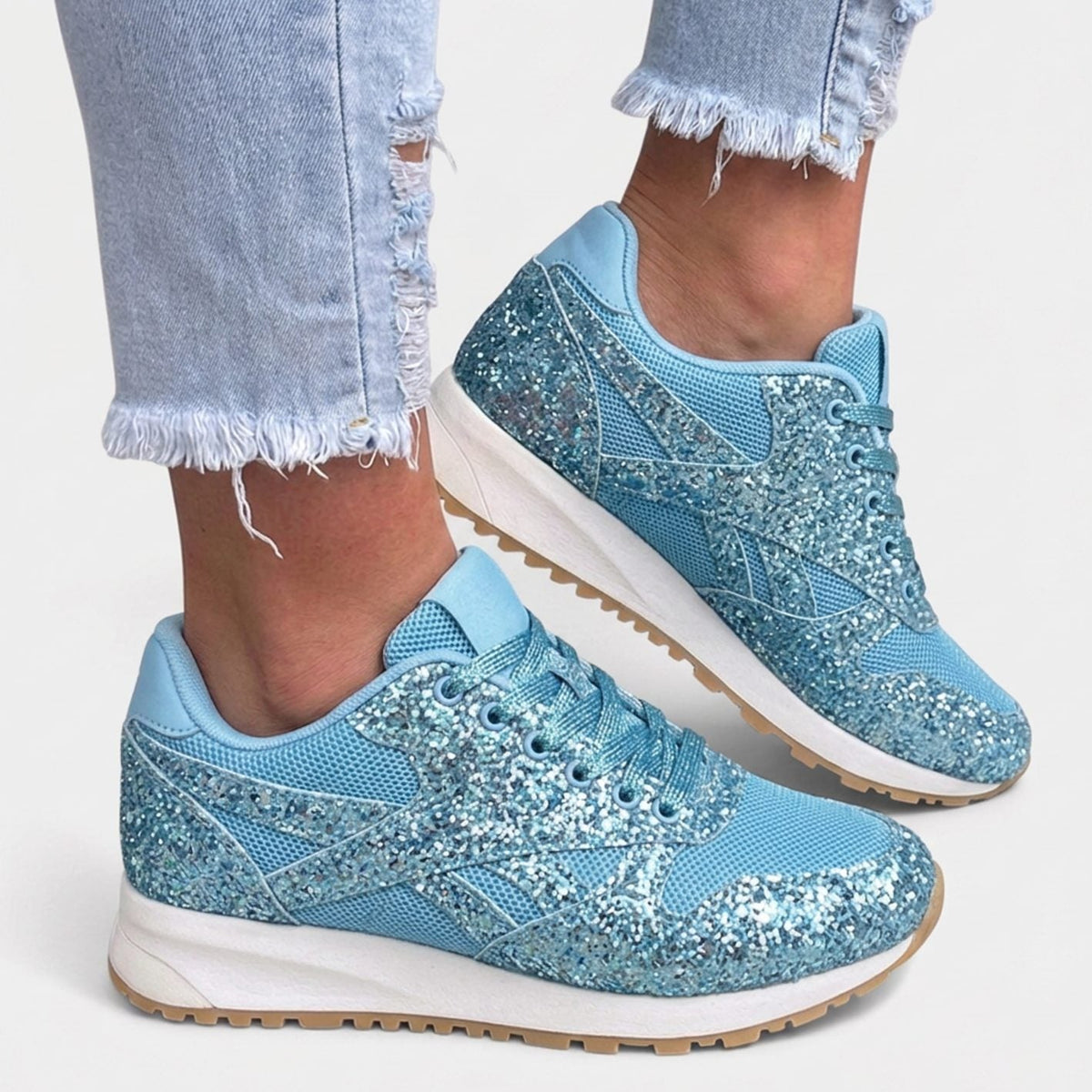 Damessneakers met glitterpanelen en mesh
