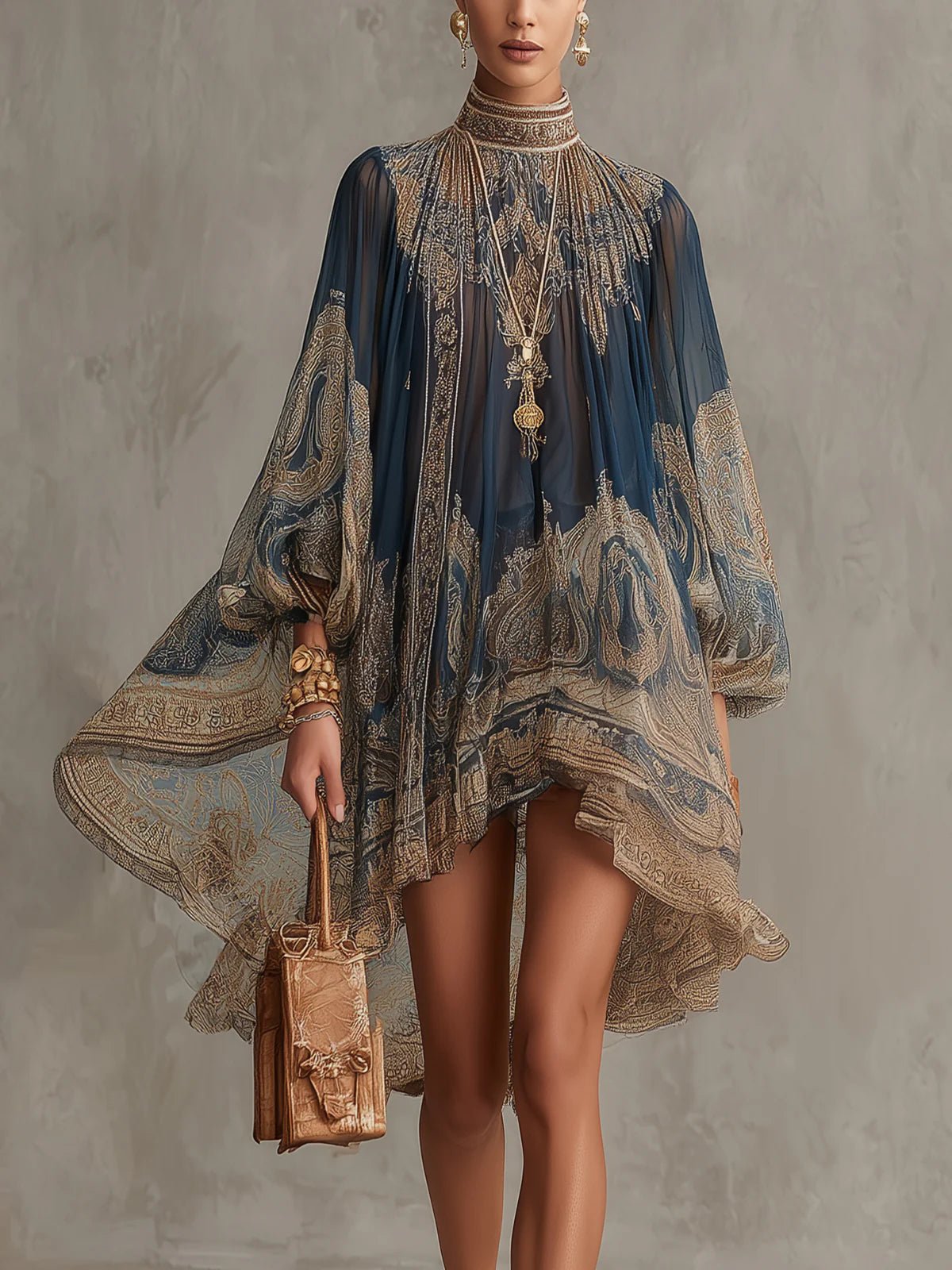 Hülya | Jurk van chiffon met barokprint en asymmetrische zoom