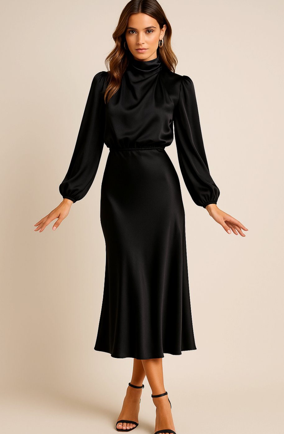 Esmée | Satijnen midi-jurk met hoge taille, gedrapeerde col en bisschopsmouwen