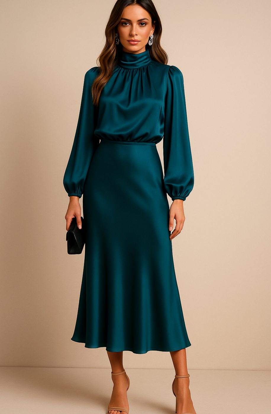 Esmée | Satijnen midi-jurk met hoge taille, gedrapeerde col en bisschopsmouwen
