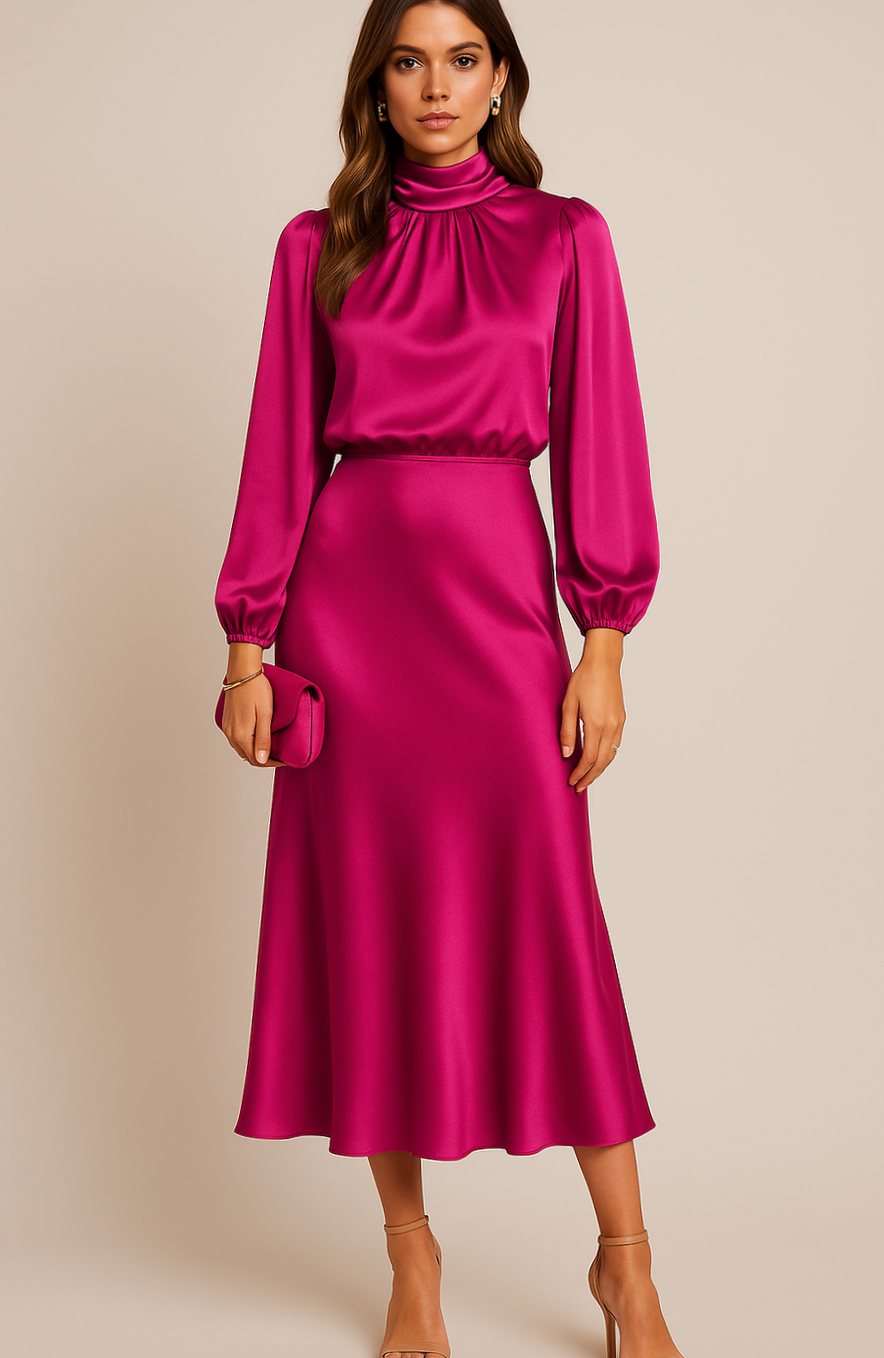 Esmée | Satijnen midi-jurk met hoge taille, gedrapeerde col en bisschopsmouwen