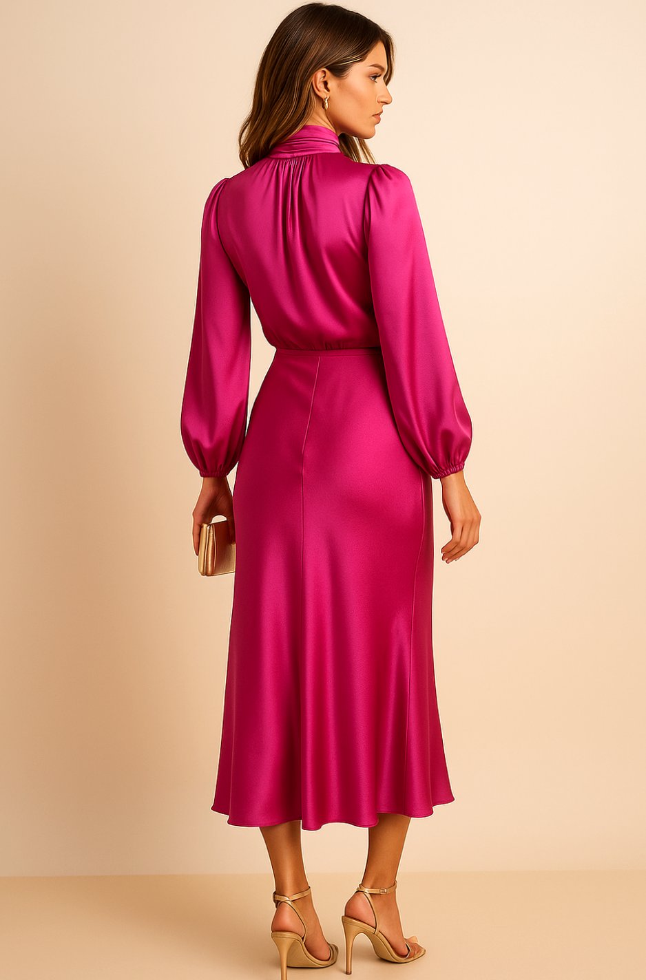 Esmée | Satijnen midi-jurk met hoge taille, gedrapeerde col en bisschopsmouwen