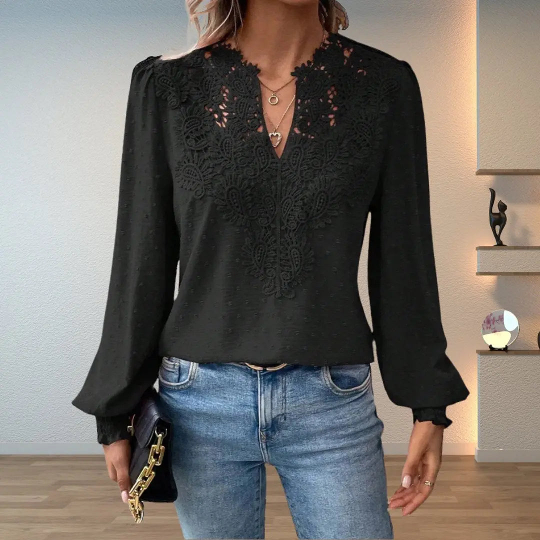 Fernanda | Damesblouse met kant, V-hals en gesmokte manchetten