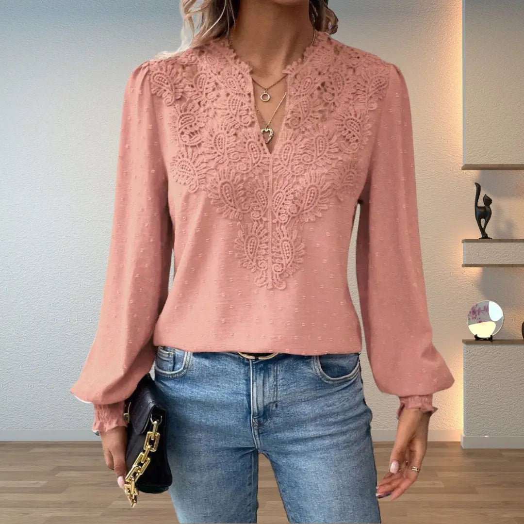 Fernanda | Damesblouse met kant, V-hals en gesmokte manchetten