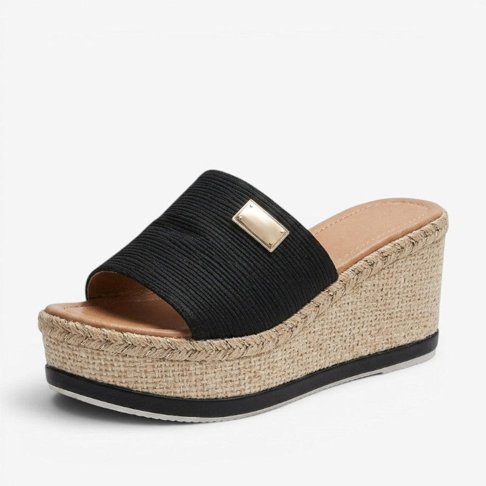 Damesslippers met espadrille-sleehak en goudkleurig detail