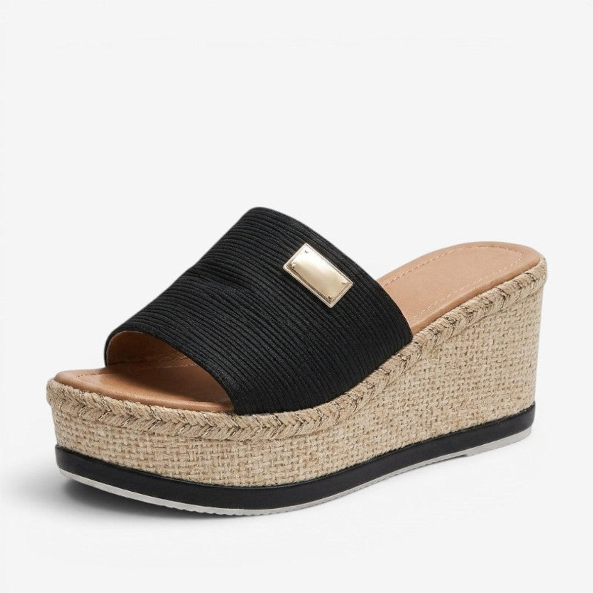 Damesslippers met espadrille-sleehak en goudkleurig detail